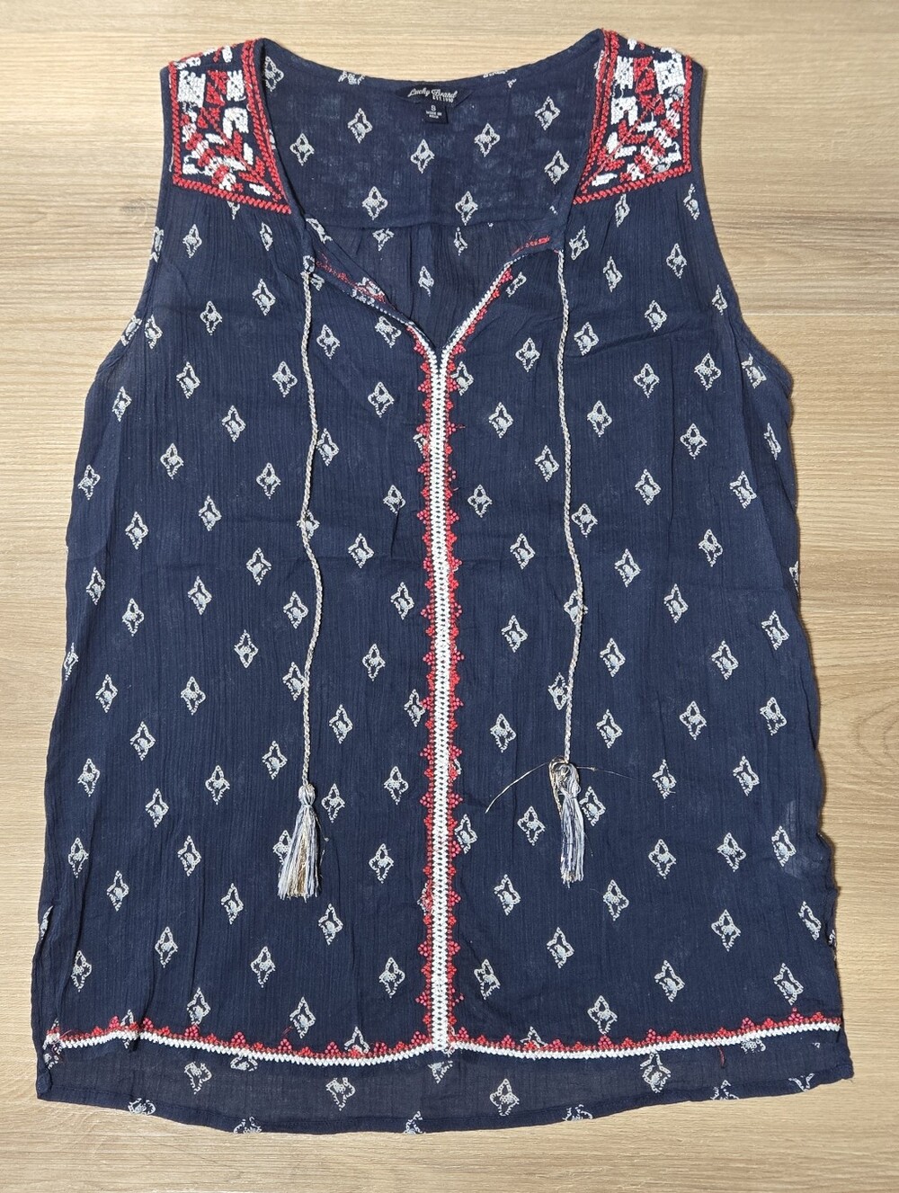 Lucky Brand Navy Embroidered Sleeveless Peasant Top